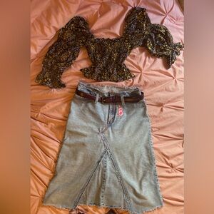 Whole Outfit Topshop Floral Blouse Denim Skirt Leather Belt
